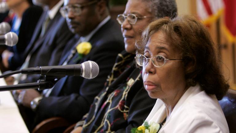 Thelma Mothershed Wair, right, speaks at a news conference in Little Rock, Ark., Sept. 23, 2007, as Carlotta Walls LaNier, from left, Terrence Roberts, Jefferson Thomas, and Minnijean Brown Trickey, members of the Little Rock Nine who in 1957 integrated Little Rock Central High School, look on. (AP Photo / Danny Johnston, File)