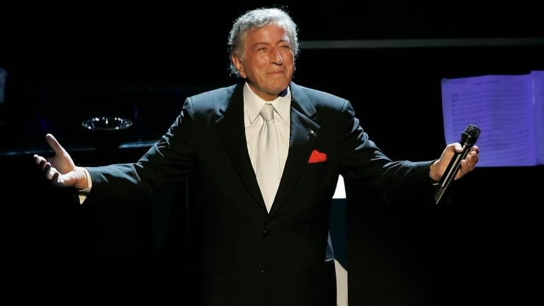 Tony Bennett reacts after performing the song “I left My Heart in San Francisco” during his 80th birthday celebration at the Kodak Theater in Los Angeles, on Nov. 9, 2006. (AP Photo / Kevork Djansezian, File)