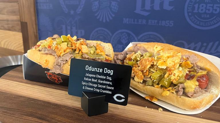 The Bears debuted new Soldier Field menu offerings on Aug, 28, 2024, including the Odunze dog in honor of Rome Odunze. (Angel Idowu / WTTW News)