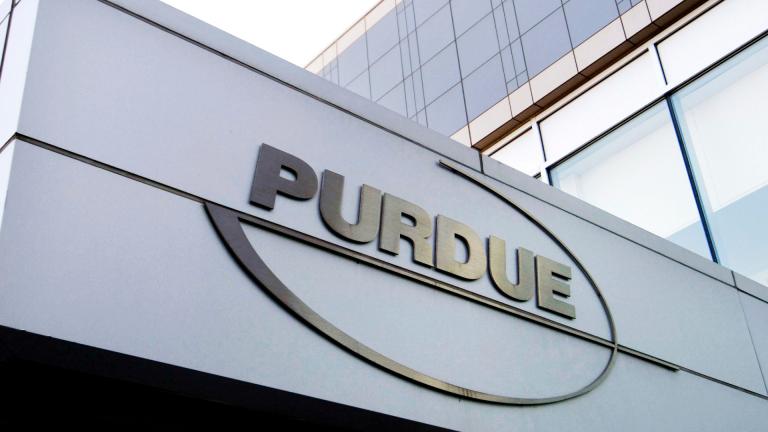 This Tuesday, May 8, 2007, file photo shows the Purdue Pharma logo at its offices in Stamford, Conn. (AP Photo / Douglas Healey, File)