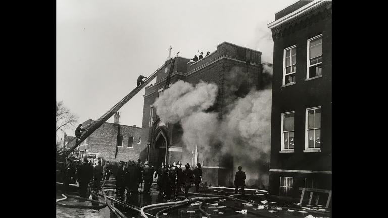 Firefighters at the scene of the fire at Our Lady of the Angels on Dec. 1, 1958. (Photo of image courtesy Chicago History Museum)