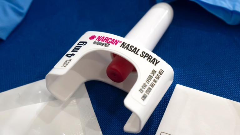 A container of Narcan, a brand name version of the opioid overdose-reversal drug naloxone, sits on a table following a demonstration at the Health and Human Services Humphrey Building on Friday, Sept. 8, 2023, in Washington. (AP Photo / Mark Schiefelbein, File)