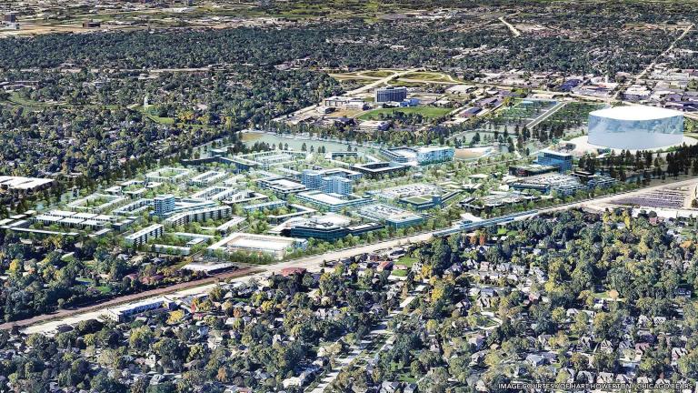 A rendering of an aerial view of the Chicago Bears property in Arlington Heights. (Courtesy of Hart Howerton / Chicago Bears)