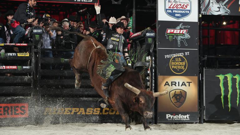 JB Mauney rides during the second round of the 2019 Chicago PBR Unleash The Beast. (Photo by Andy Watson, BullStock Media)