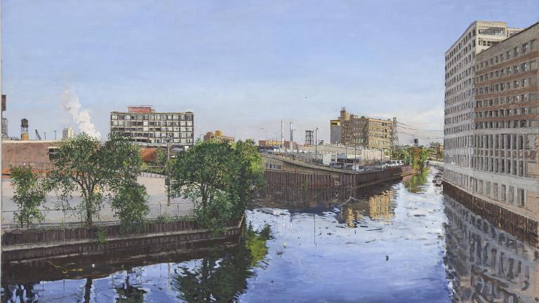 A painting of a fork in the Chicago River by Andy Paczos. (Photo by Dimitre Photography, Chicago)