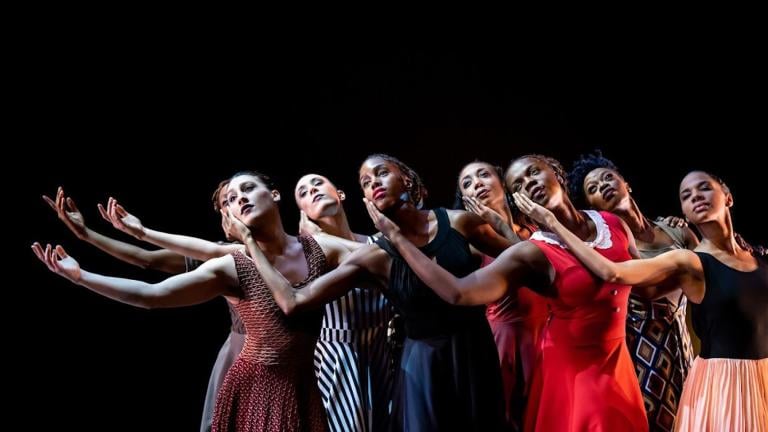 “Parallel Lives,” a stunning work in the repertoire of Deeply Rooted Dance Theater, a company that blends aspects of African American life and modern dance, and fully lives up to its use of the word “theater” in its name. (Credit Michelle Reid)