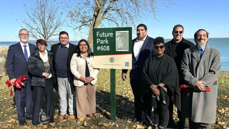 Officials and environmentalists gathered to unveil the future Park #608 on Nov. 12, 2025. Left to right: Howard Learner, Environmental Law & Policy Center; Amalia NietoGomez, Alliance of the Southeast; Carlos Ramirez-Rosa, Chicago Park District; Angela Tovar, Chicago’s Department of the Environment; Ald. Peter Chico (10th Ward); Stacie Johnson, first lady of Chicago; Brian Gladstein, Friends of the Parks; and Samuel Corona, Alliance of the Southeast. (Patty Wetli / WTTW News)