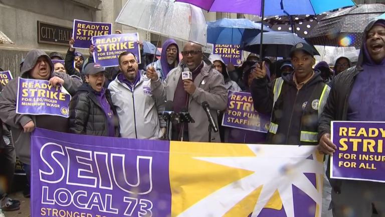 Chicago Park District workers and union leaders gather in front of City Hall on March 26, 2024. The union SEIU Local 73 represents over 2,200 Chicago Park District workers. (WTTW News)