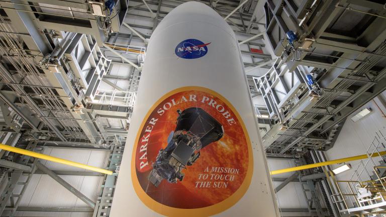 Prior to its August 2018 launch, NASA’s Parker Solar Probe is packed safely inside the United Launch Alliance Delta IV Heavy rocket payload fairing. (Credit: NASA / Bill Ingalls)