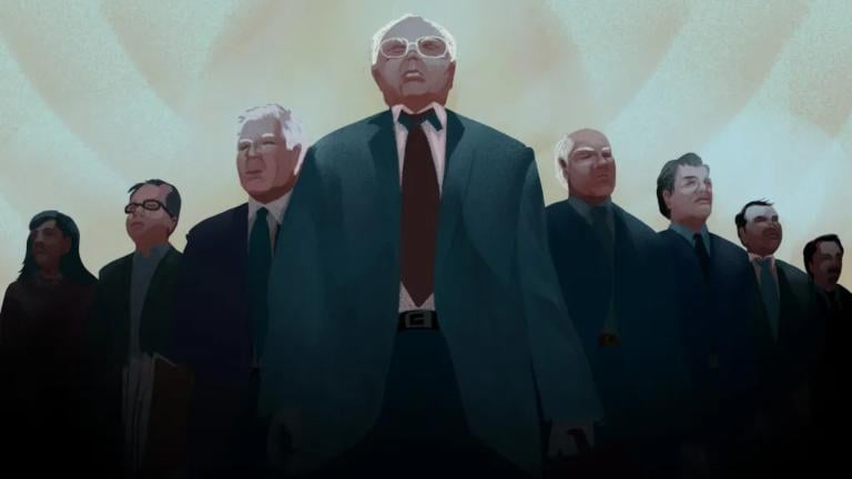 An illustration of seven special prosecutors in suits standing in a V shape looking straight ahead. (Illustration by Verónica Martinez / Injustice Watch)