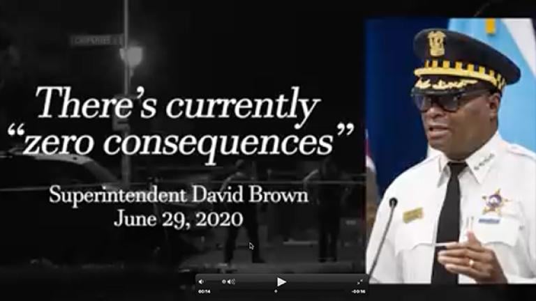 A screenshot from a campaign ad from former Cook County Judge Pat O’Brien shows a quoted phrase from Chicago police Superintendent David Brown. (Pat O’Brien for State’s Attorney / YouTube)