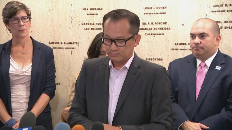 Paul Luu of the Chinese American Service League speaks at a Anti-Defamation League news conference. (WTTW News)
