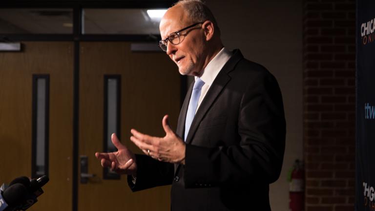 Paul Vallas fields questions from the news media on Feb. 7, 2023, after the WTTW News mayoral forum. (Michael Izquierdo / WTTW News)