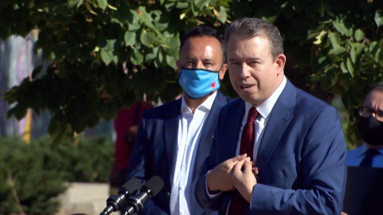 Pedro Martinez speaks Wednesday, Sept. 15, 2021 outside his alma mater, Benito Juarez High School in Pilsen. (WTTW News)