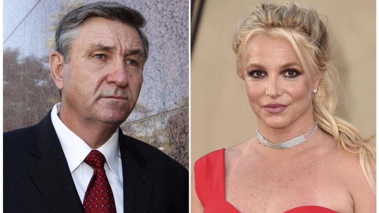 In this combination of photo, Jamie Spears, father of singer Britney Spears, leaves the Stanley Mosk Courthouse on Oct. 24, 2012, in Los Angeles, left, and Britney Spears arrives at the premiere of "Once Upon a Time in Hollywood" on July 22, 2019, in Los Angeles. (AP Photo / File