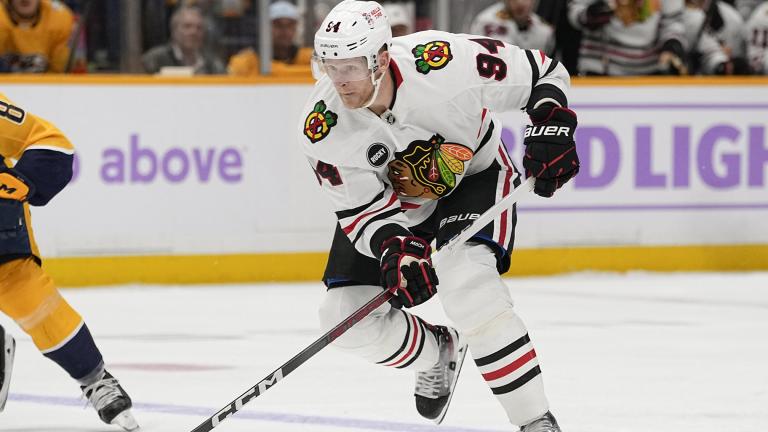 Chicago Blackhawks right wing Corey Perry (94) plays during the first period of an NHL hockey game against the Nashville Predators, Nov. 18, 2023, in Nashville, Tenn. (AP Photo / George Walker IV, File)