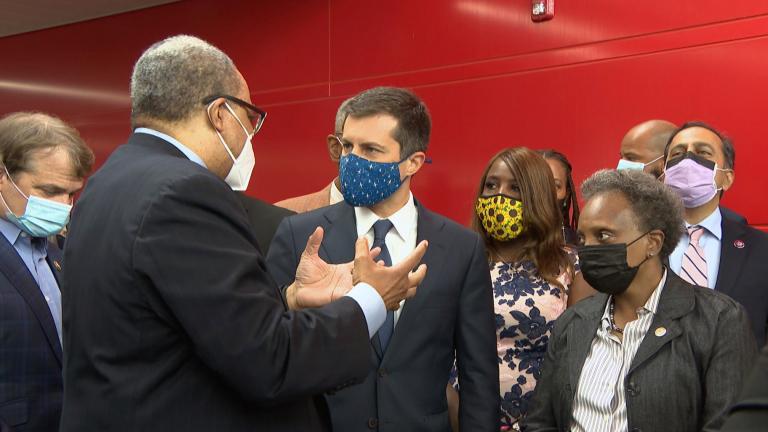 Sec. of Transportation, Pete Buttigieg, tours the 95th/Dan Ryan Red Line station with Mayor Lightfoot, CTA President Dorval Carter, Sens. Dick Durbin and Tammy Duckworth, and Democratic members of Illinois’ congressional delegation to promote President Biden’s infrastructure plan, July 16, 2021. (WTTW News)