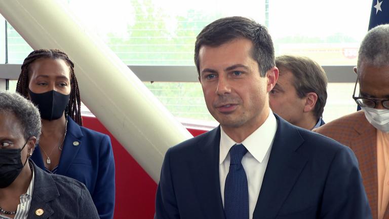 Secretary of Transportation Pete Buttigieg speaks at the 95th/Dan Ryan Red Line CTA station on July 16, 2021. (WTTW News)