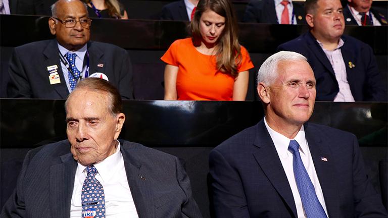 Former U.S. Sen. Bob Dole seated with Indiana Gov. Mike Pence at the Republican National Convention on July 18, 2016. (Evan Garcia)