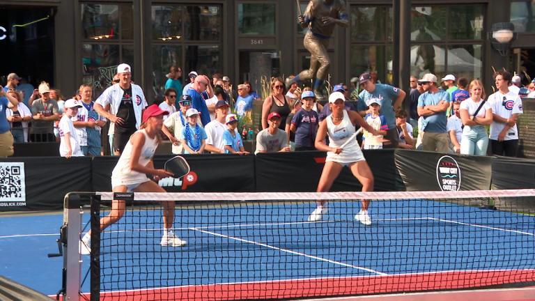 A pickleball exhibition match in Wrigleyville, July 21, 2026. (WTTW News)