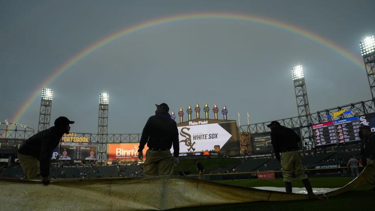 A double rainbow forms over Rate Field during a rain delay before a baseball game between the Detroit Tigers and Chicago White Sox, Wednesday, June 4, 2025, in Chicago. (Erin Hooley / AP Photo)