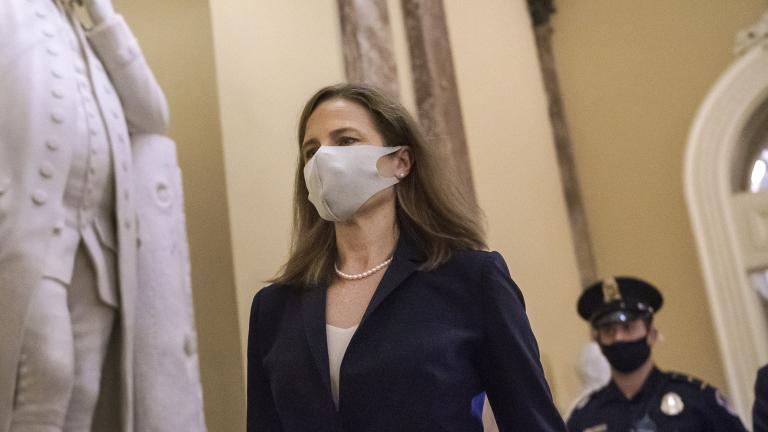 Judge Amy Coney Barrett, President Donald Trump’s nominee for the Supreme Court, arrives for closed meetings with senators, at the Capitol in Washington, Wednesday, Oct. 21, 2020. (AP Photo / J. Scott Applewhite)