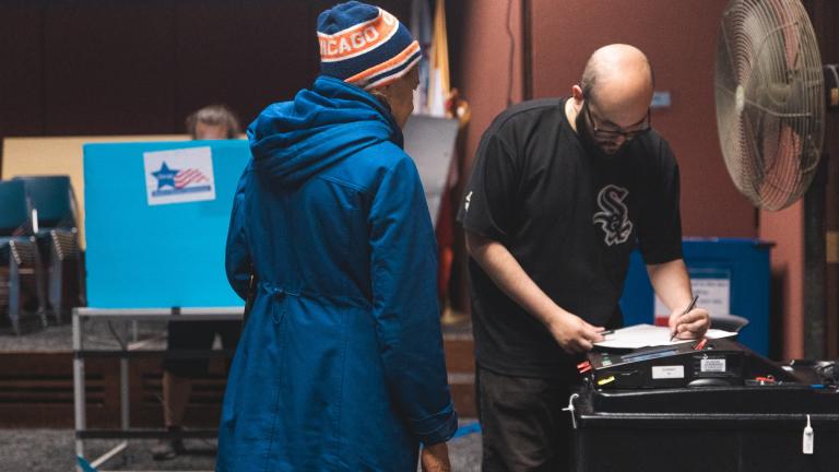 A voter casts her ballot in Chicago’s Pilsen neighborhood on Nov. 5, 2024. (Michael Izquierdo / WTTW News)