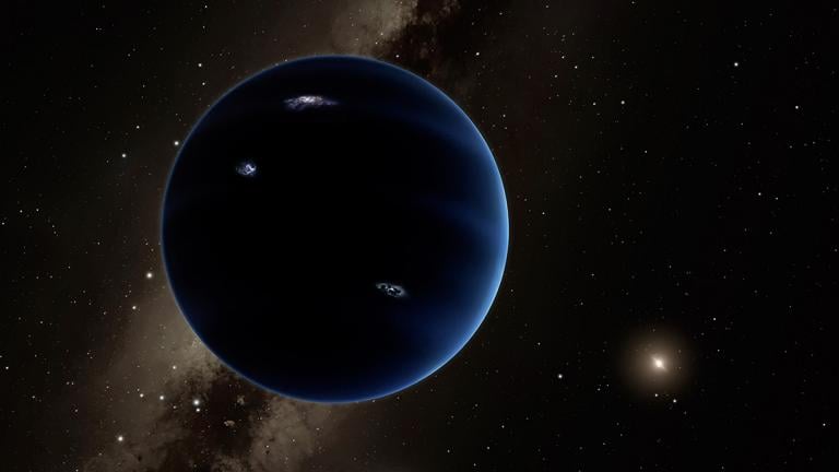 This artistic rendering shows the distant view from Planet Nine back towards the sun. The planet is thought to be gaseous, similar to Uranus and Neptune. Hypothetical lightning lights up the night side. (Caltech/R. Hurt/IPAC)
