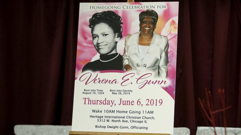 This June 11, 2019 file photo of a poster showing Verona Gunn is displayed during a press conference in Chicago. Gunn was an 84-year-old woman killed last May when two Chicago Police vehicles slammed into a car she was riding in. (AP Photo / Teresa Crawford, File)