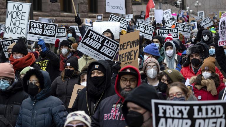 People march at a rally for Amir Locke on Saturday, Feb. 5, 2022, in Minneapolis. Minnesota prosecutors declined to file charges Wednesday, April 6, 2022, against a Minneapolis police SWAT team officer who fatally shot Amir Locke while executing an early morning no-knock search warrant in a downtown apartment in February. (AP Photo / Christian Monterrosa File)