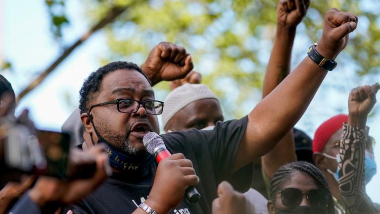 Jacob Blake’s father, Jacob Blake Sr. talks to a crowd at a rally Saturday, Aug. 29, 2020, in Kenosha, Wis. (AP Photo / Morry Gash)