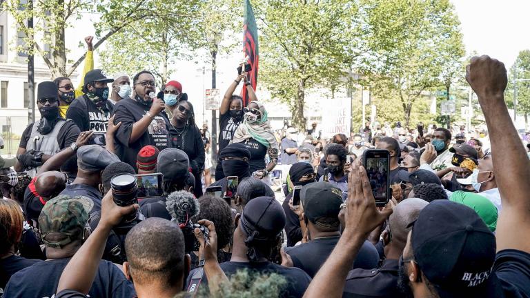Jacob Blake’s father, Jacob Blake Sr., wears a justice for Jacob mask at a rally Saturday, Aug. 29, 2020, in Kenosha, Wis. (AP Photo / Morry Gash)