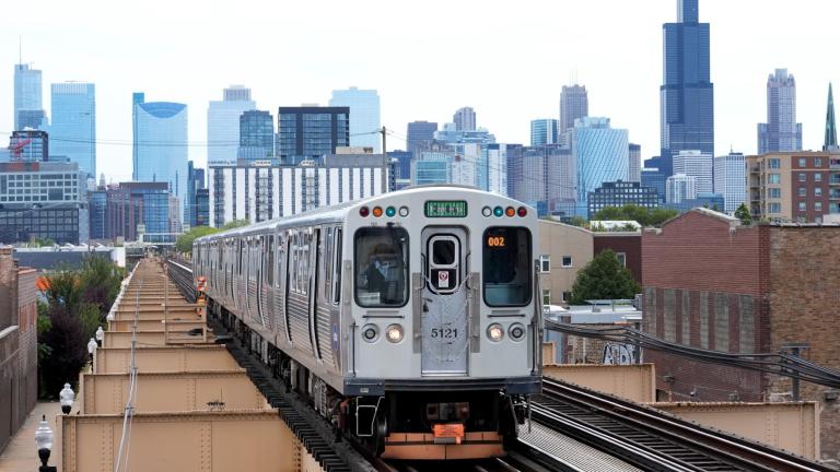 A Chicago Transit Authority train pulls into the new Damen Ave. station just two blocks from the United Center Monday, Aug. 12, 2024, one week before the start of the Democratic National Convention in Chicago. (Charles Rex Arbogast / AP Photo)