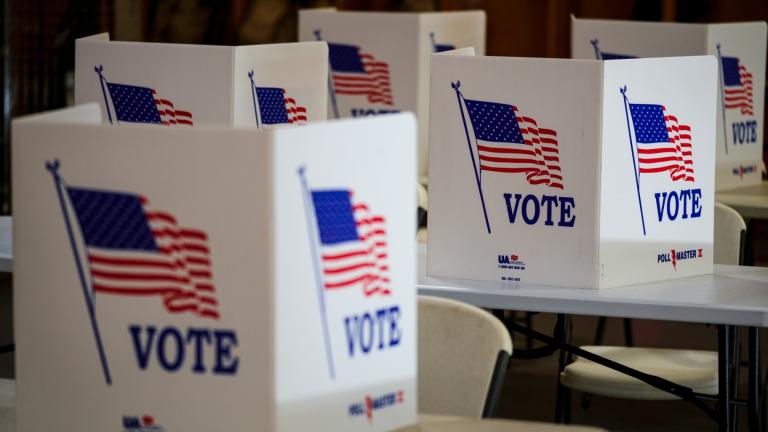 FILE- Voting booths are set up at a polling place in Newtown, Pa, April 23, 2024. (AP Photo / Matt Rourke, File)