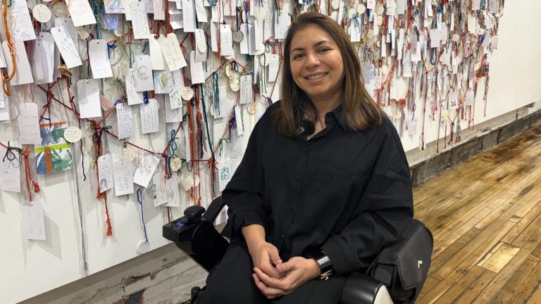 Artist Pooja Pittie poses in front of her interactive artwork, “What We Build to Belong,” as part of the Intuit Art Museum’s “Catalyst: Im/migration and Self-Taught Art in Chicago” exhibit, which is being extended through March 22, 2026. (Eunice Alpasan / WTTW News)