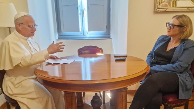 Author Elise Ann Allen (right) interviews Pope Leo XIV (left) in the Vatican on July 30, 2025. (Courtesy of John L. Allen Jr.)