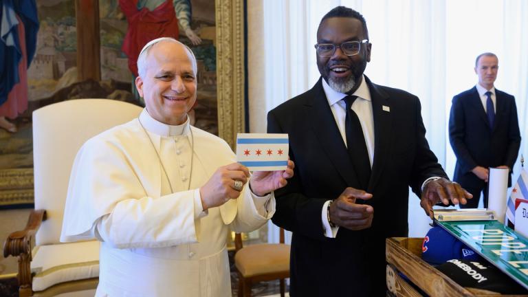 Chicago Mayor Brandon Johnson presents Pope Leo XIV with Chicago-themed gifts at the Vatican on May 28, 2026. (Credit: Vatican News)