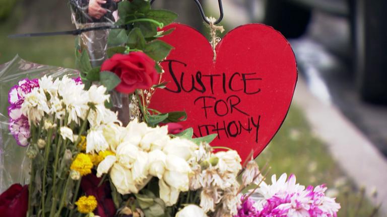 A memorial for Anthony Alvarez, the 22-year-old fatally shot by a Chicago police officer in Portage Park on March 31, 2021, is seen on April 28, the day police body camera video was released of the shooting. (WTTW News)