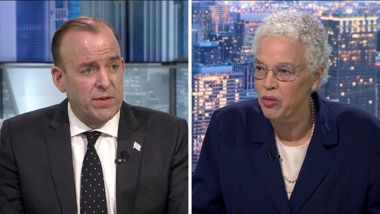 From left: Ald. Brendan Reilly (42nd Ward) and Cook County Board President Toni Preckwinkle appear on “Chicago Tonight” on March 3, 2026. (WTTW News)