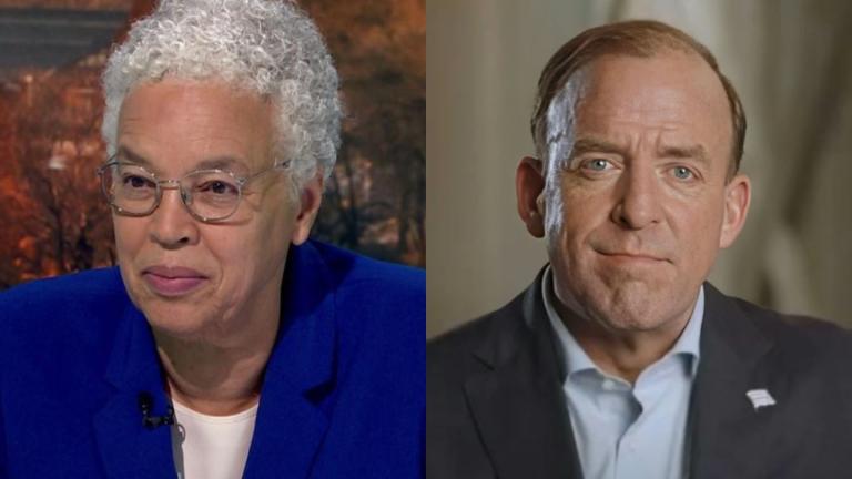 Left: Cook County Board President Toni Preckwinkle appears on the Oct. 16, 2025, episode of "Chicago Tonight." (WTTW News) Right: Ald. Brendan Reilly (42nd Ward) announces a run for president of the Cook County Board of the Commissioners in a video posted to social media.