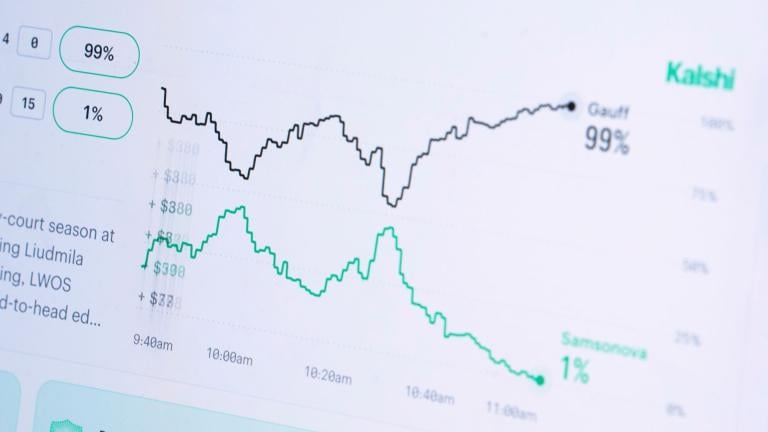 A laptop displays trades on the Kalshi website on Thursday, April 16, 2026, in Portland, Ore. (AP Photo/Jenny Kane)