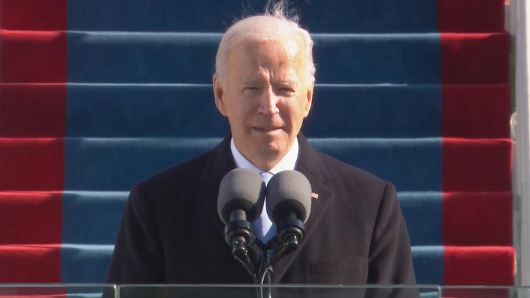 President Joe Biden delivers his first speech as commander in chief on Wednesday, Jan. 20, 2021. (WTTW News via CNN)