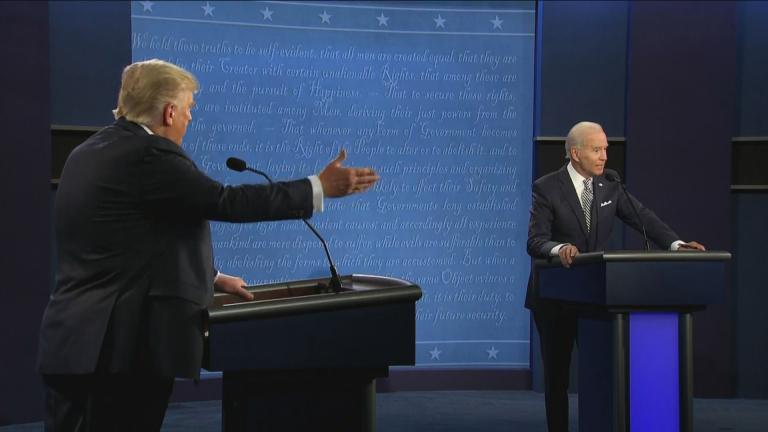President Donald Trump, left, and former Vice President Joe Biden at the first presidential debate Tuesday, Sept. 29, 2020, at Case Western University and Cleveland Clinic, in Cleveland, Ohio. (WTTW News via CNN)