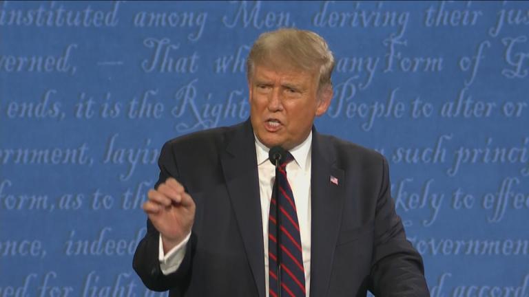 President Donald Trump speaks during the first presidential debate Tuesday, Sept. 29, 2020, at Case Western University and Cleveland Clinic, in Cleveland, Ohio. (WTTW News via CNN)