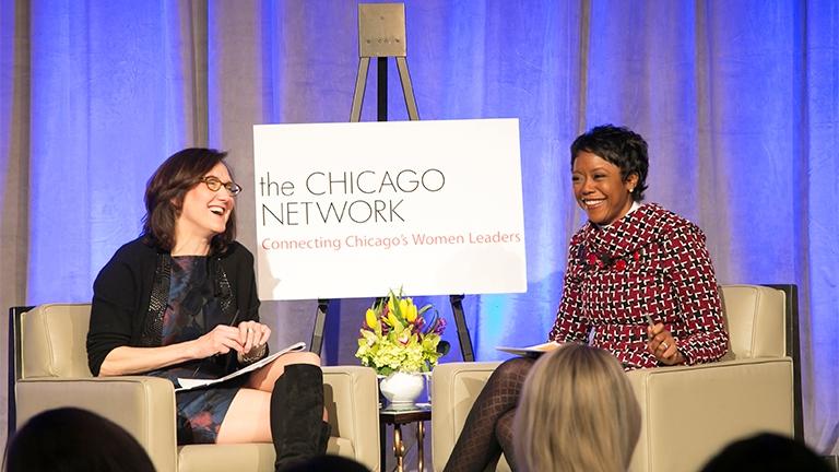 Mellody Hobson, right, speaks with Sally Blount during the Women in the Forefront luncheon on April 15. (Courtesy of The Chicago Network)