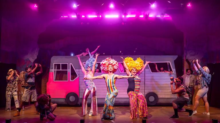 From left to right, Shaun White as Adam, Josh Houghton as Tick, and Honey West as Bernadette in “Priscilla Queen of the Desert” at Mercury Theater. (Credit: Brett Beiner)