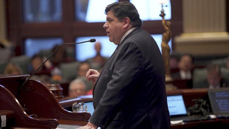 Gov. J.B. Pritzker delivers his first budget address on Wednesday, Feb. 20, 2019 to a joint session of the Illinois House and Senate at the Illinois State Capitol building in Springfield. (E. Jason Wambsgans/Chicago Tribune via AP, Pool)
