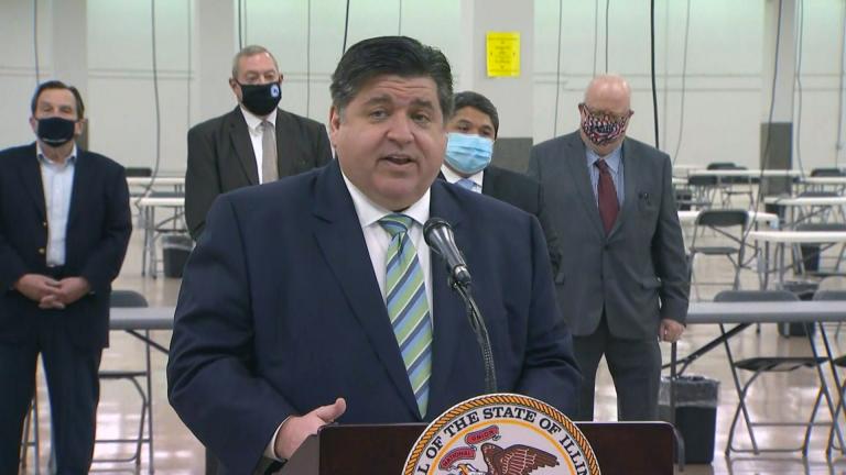 Gov. J.B. Pritzker announces the opening of a new COVID-19 vaccination site in Forest Park on Monday, March 22, 2021. (WTTW News)