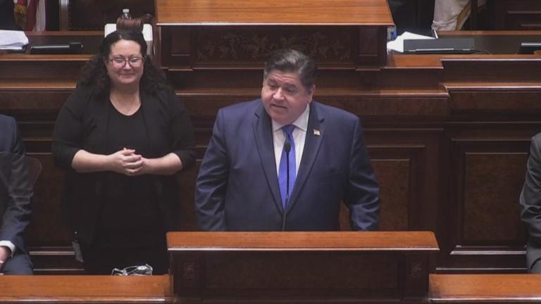 Gov. J.B. Pritzker delivers his state of the state and budget address before the General Assembly at the Illinois State Capitol, Wednesday, Feb. 21, 2024. (WTTW News)