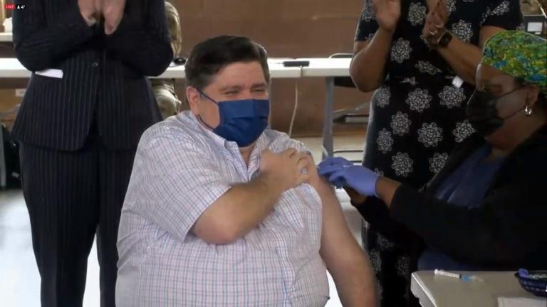Gov. J.B. Pritzker receives the Johnson & Johnson COVID-19 vaccine on Wednesday, March 24, 2021 at a mass vaccination site in Springfield. (WTTW News)